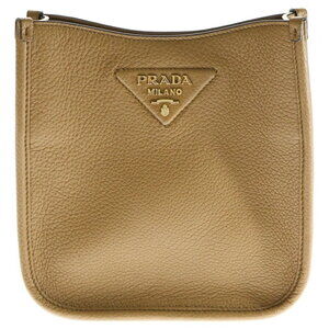 PRADA Vitello Dino Triangle Logo Plate Soft Leather Shoulder Bag Brown